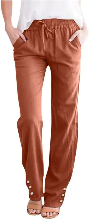 Womens Casual Cotton Linen Pants Lightweight Summer Loose Fit Elastic Waist Plus Size Solid Lounge Long Trousers