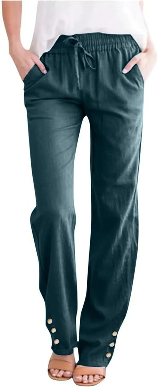 Womens Casual Cotton Linen Pants Lightweight Summer Loose Fit Elastic Waist Plus Size Solid Lounge Long Trousers