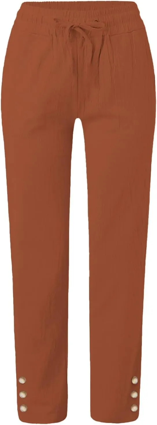 Womens Casual Cotton Linen Pants Lightweight Summer Loose Fit Elastic Waist Plus Size Solid Lounge Long Trousers