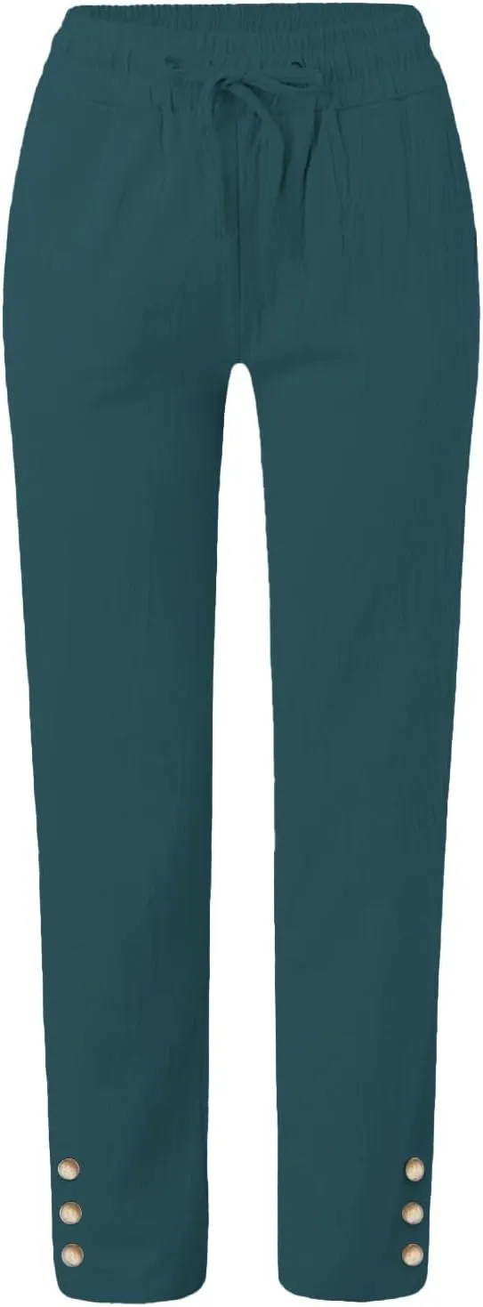 Womens Casual Cotton Linen Pants Lightweight Summer Loose Fit Elastic Waist Plus Size Solid Lounge Long Trousers