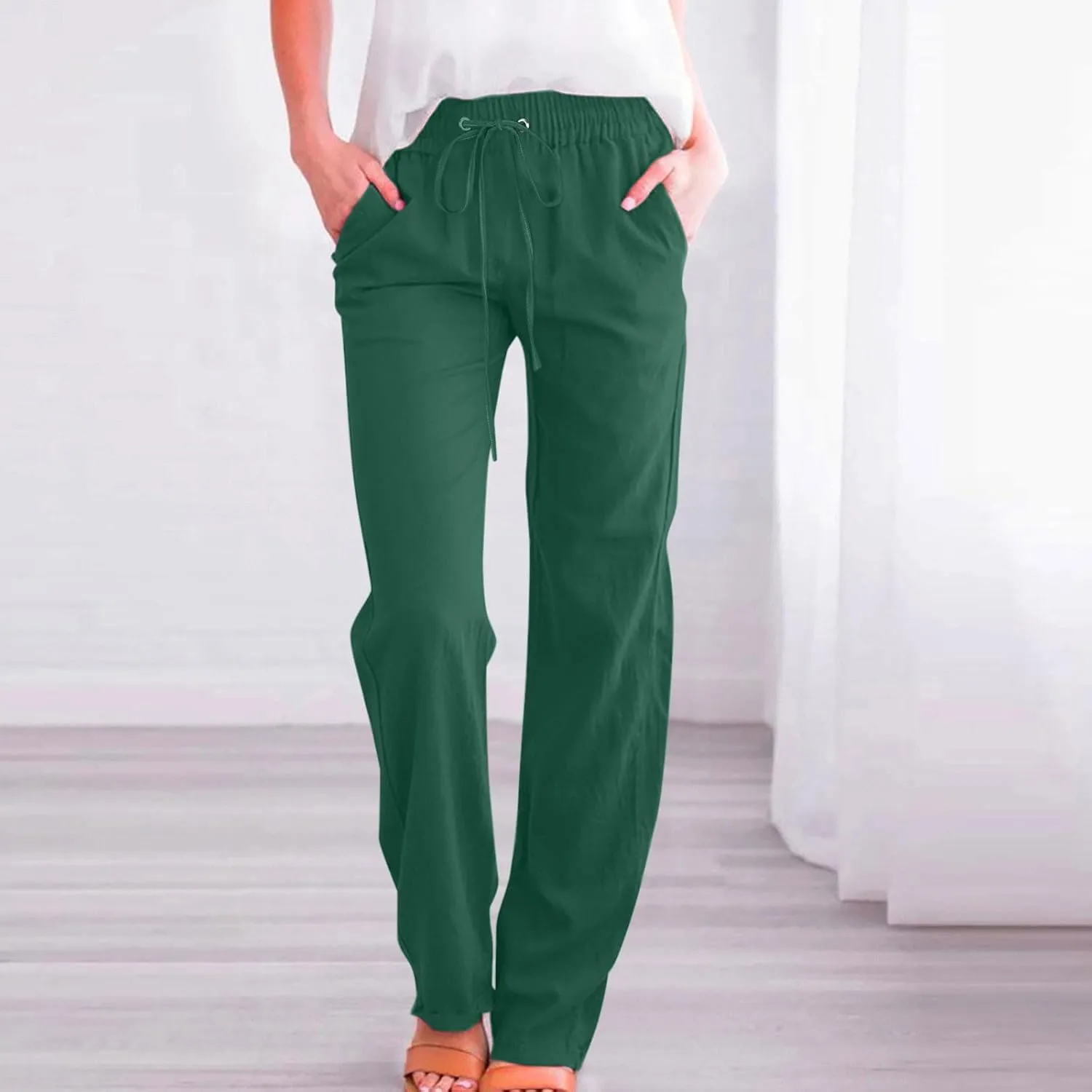 Women's Casual Cotton Linen Pants Lightweight Summer Relax Fit Elastic Waist Plus Size Solid Lounge Long Trousers