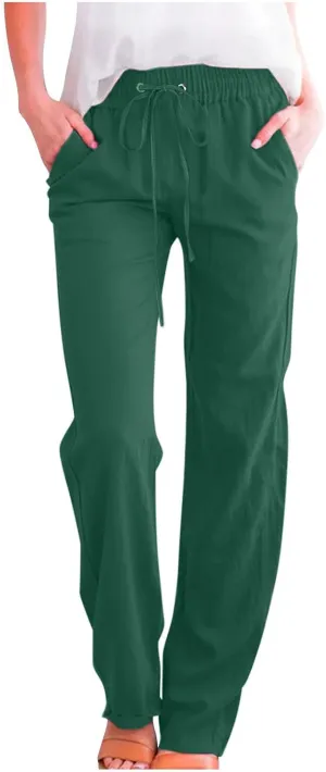 Women's Casual Cotton Linen Pants Lightweight Summer Relax Fit Elastic Waist Plus Size Solid Lounge Long Trousers
