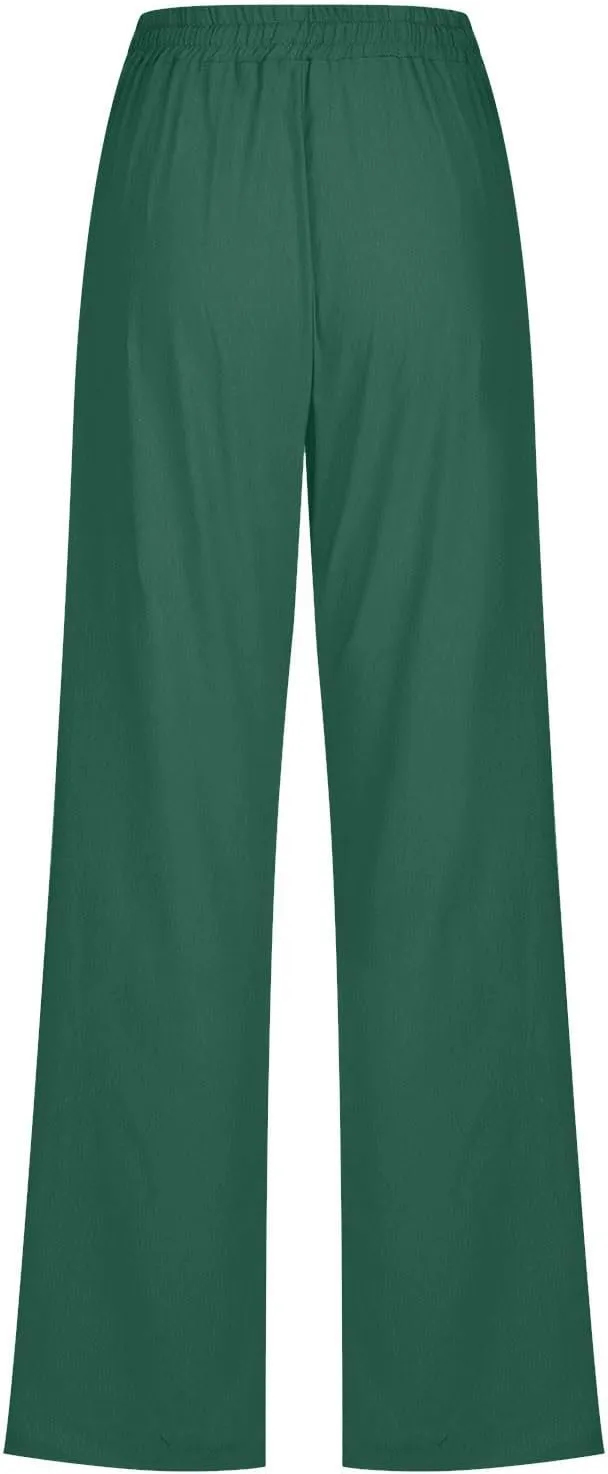 Women's Casual Cotton Linen Pants Lightweight Summer Relax Fit Elastic Waist Plus Size Solid Lounge Long Trousers