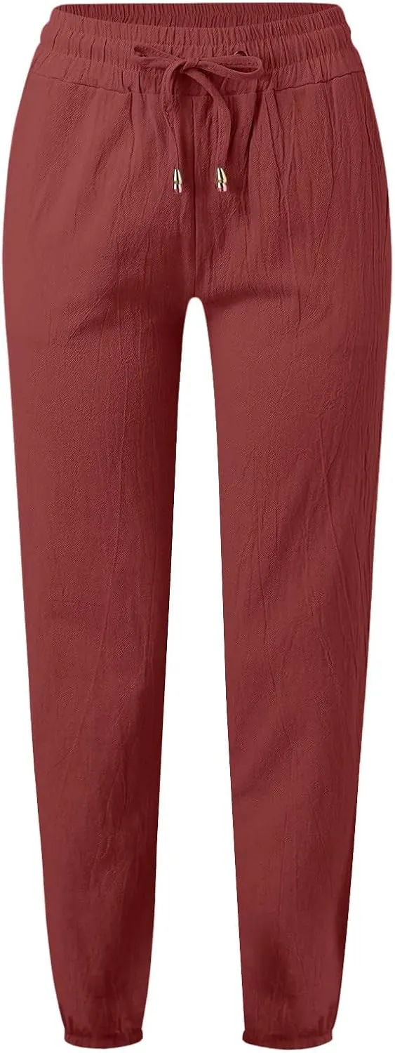 Women's Casual Cotton Linen Pants Lightweight Summer Relax Fit Elastic Waist Plus Size Solid Lounge Long Trousers