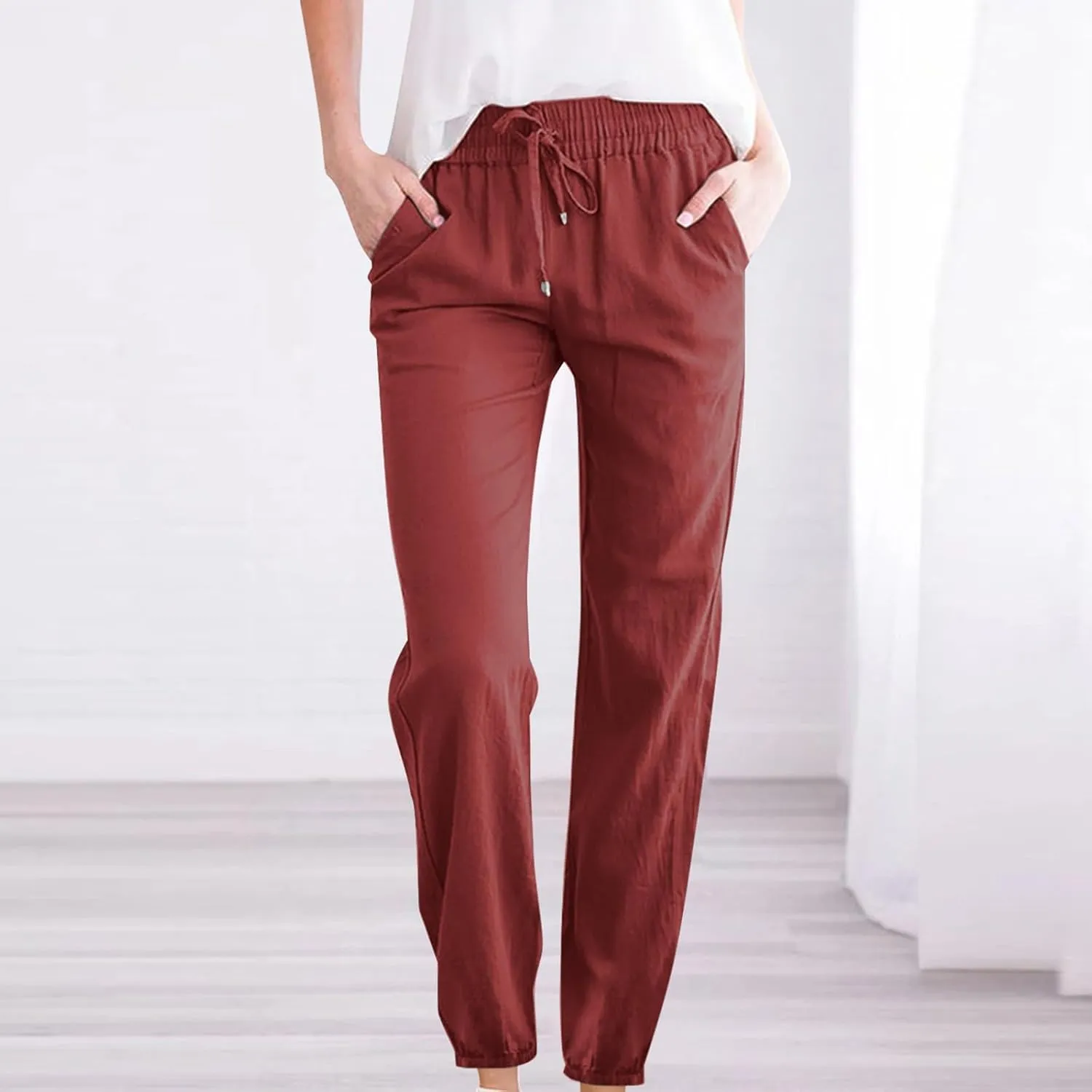 Women's Casual Cotton Linen Pants Lightweight Summer Relax Fit Elastic Waist Plus Size Solid Lounge Long Trousers