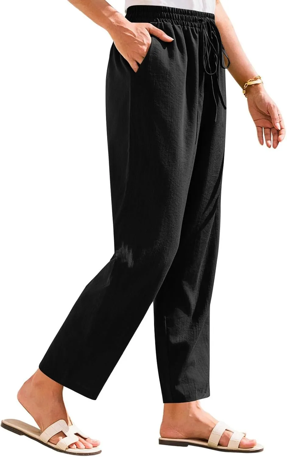 Womens Casual Linen High Waist Pants Drawstring Loose Fit Summer Beach Pants Trousers with Pockets