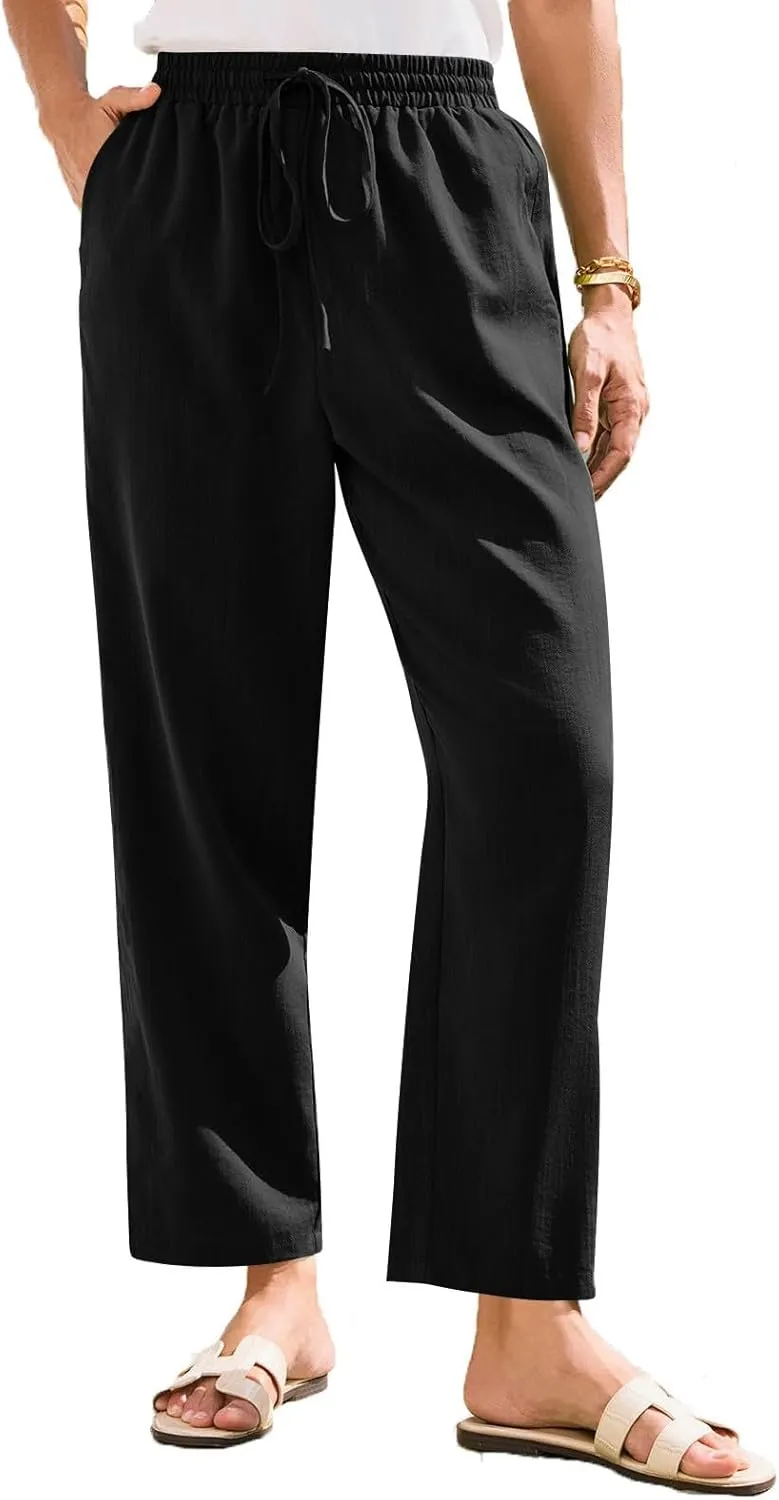 Womens Casual Linen High Waist Pants Drawstring Loose Fit Summer Beach Pants Trousers with Pockets