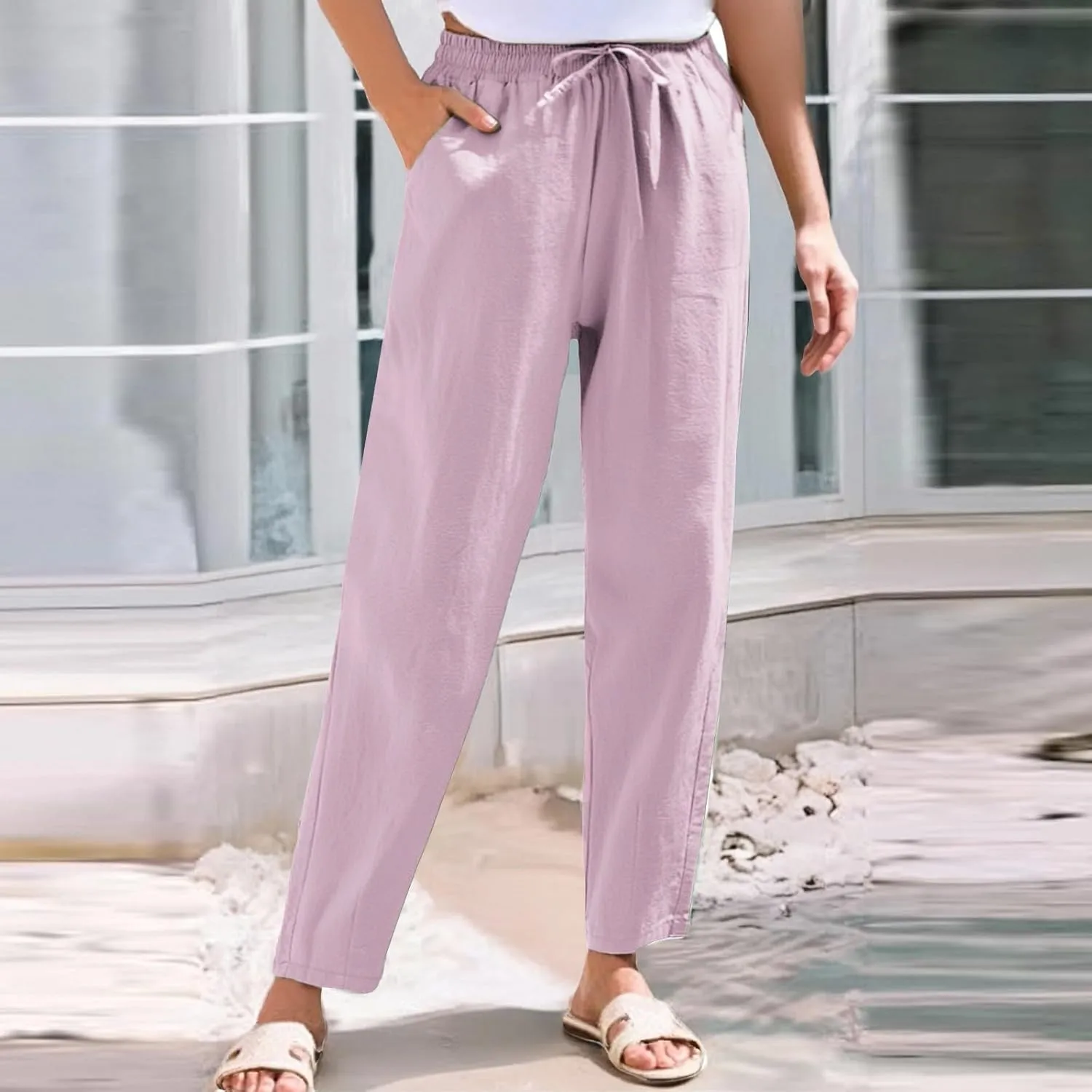 Womens Casual Linen High Waist Pants Drawstring Loose Fit Summer Beach Pants Trousers with Pockets