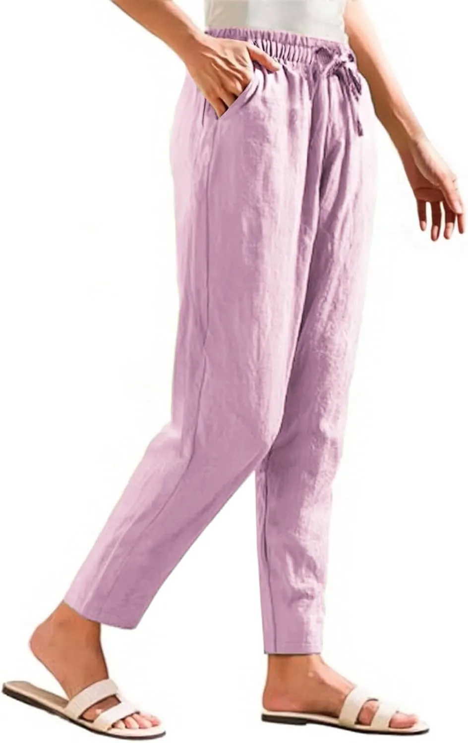 Womens Casual Linen High Waist Pants Drawstring Loose Fit Summer Beach Pants Trousers with Pockets
