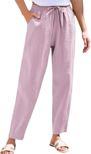 Womens Casual Linen High Waist Pants Drawstring Loose Fit Summer Beach Pants Trousers with Pockets