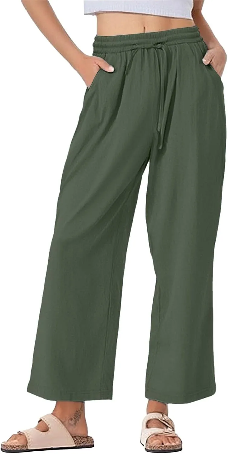 Womens Casual Linen High Waist Pants Drawstring Waist Loose Fit Summer Pants Beach Trousers Outfits