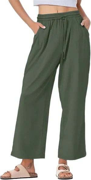 Womens Casual Linen High Waist Pants Drawstring Waist Loose Fit Summer Pants Beach Trousers Outfits