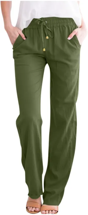 Womens Casual Linen Pants 2025 High Waist Drawstring Loose Fit Solid Summer Pants Trousers with Side Pockets