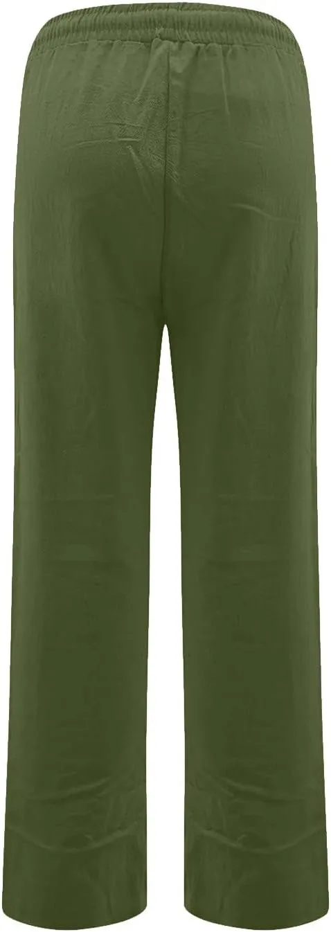 Womens Casual Linen Pants 2025 High Waist Drawstring Loose Fit Solid Summer Pants Trousers with Side Pockets