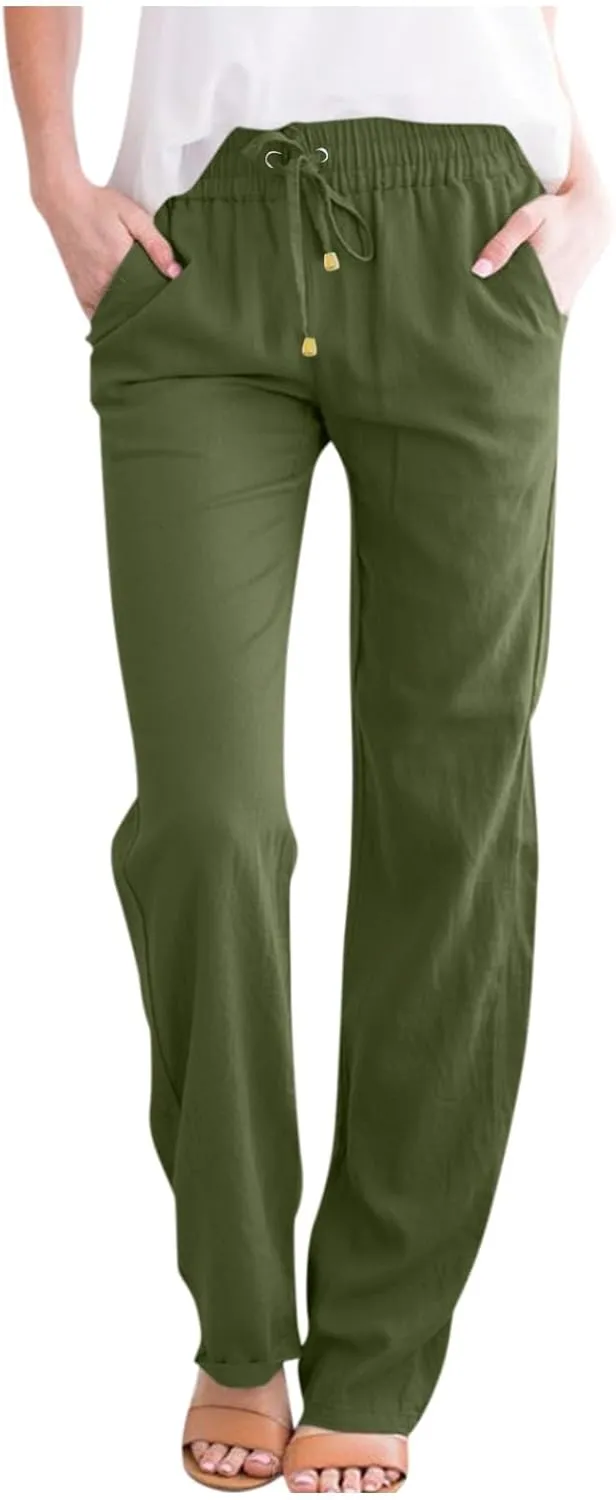 Womens Casual Linen Pants 2025 High Waist Drawstring Loose Fit Solid Summer Pants Trousers with Side Pockets