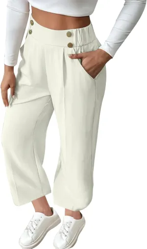 Women's Casual Linen Pants Summer Wide Leg Slacks Straight Leg Work Pants Elastic Waist Button Trousers with Pockets