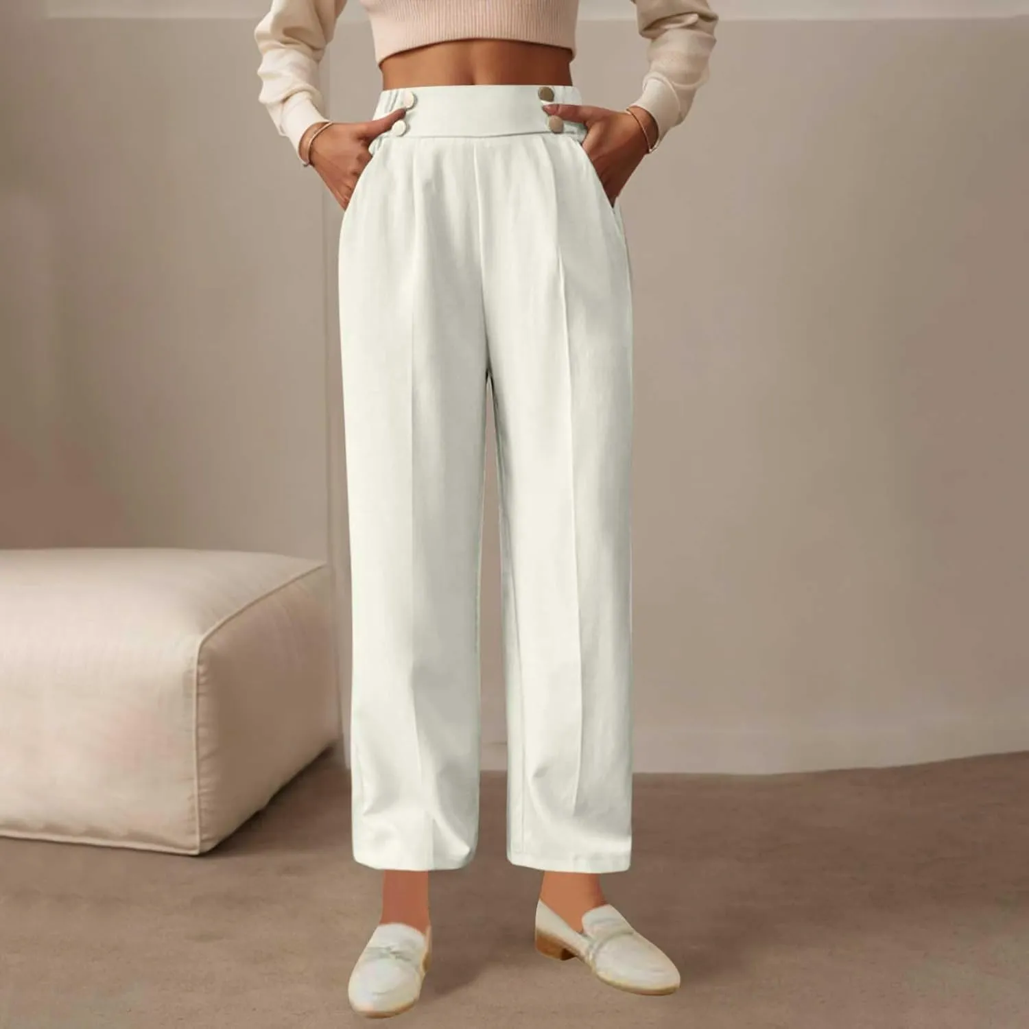 Women's Casual Linen Pants Summer Wide Leg Slacks Straight Leg Work Pants Elastic Waist Button Trousers with Pockets
