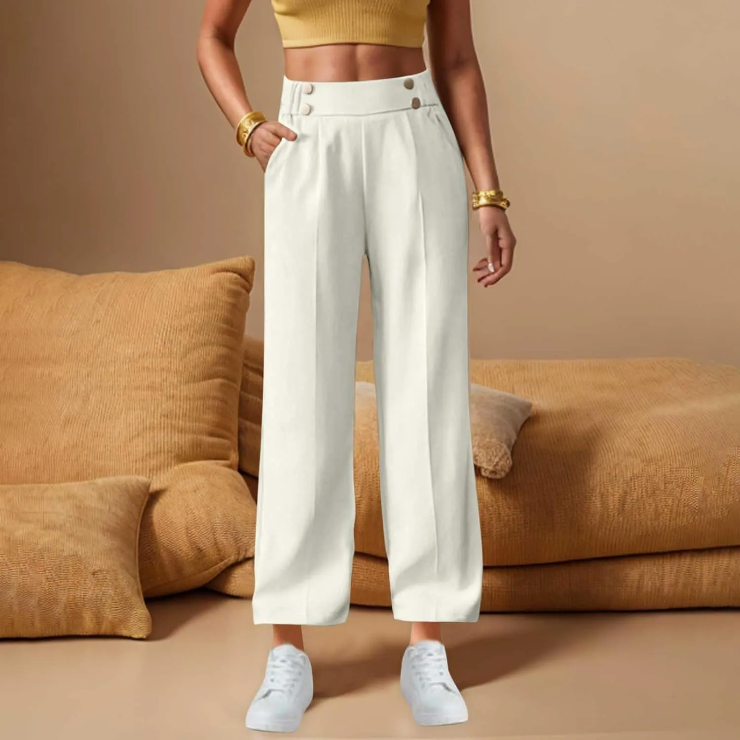 Women's Casual Linen Pants Summer Wide Leg Slacks Straight Leg Work Pants Elastic Waist Button Trousers with Pockets