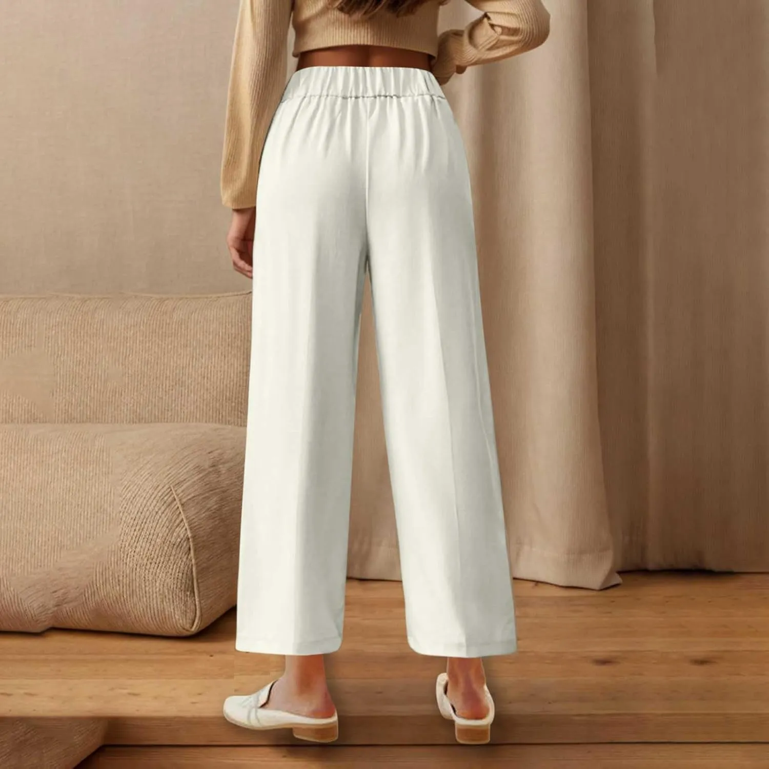 Women's Casual Linen Pants Summer Wide Leg Slacks Straight Leg Work Pants Elastic Waist Button Trousers with Pockets