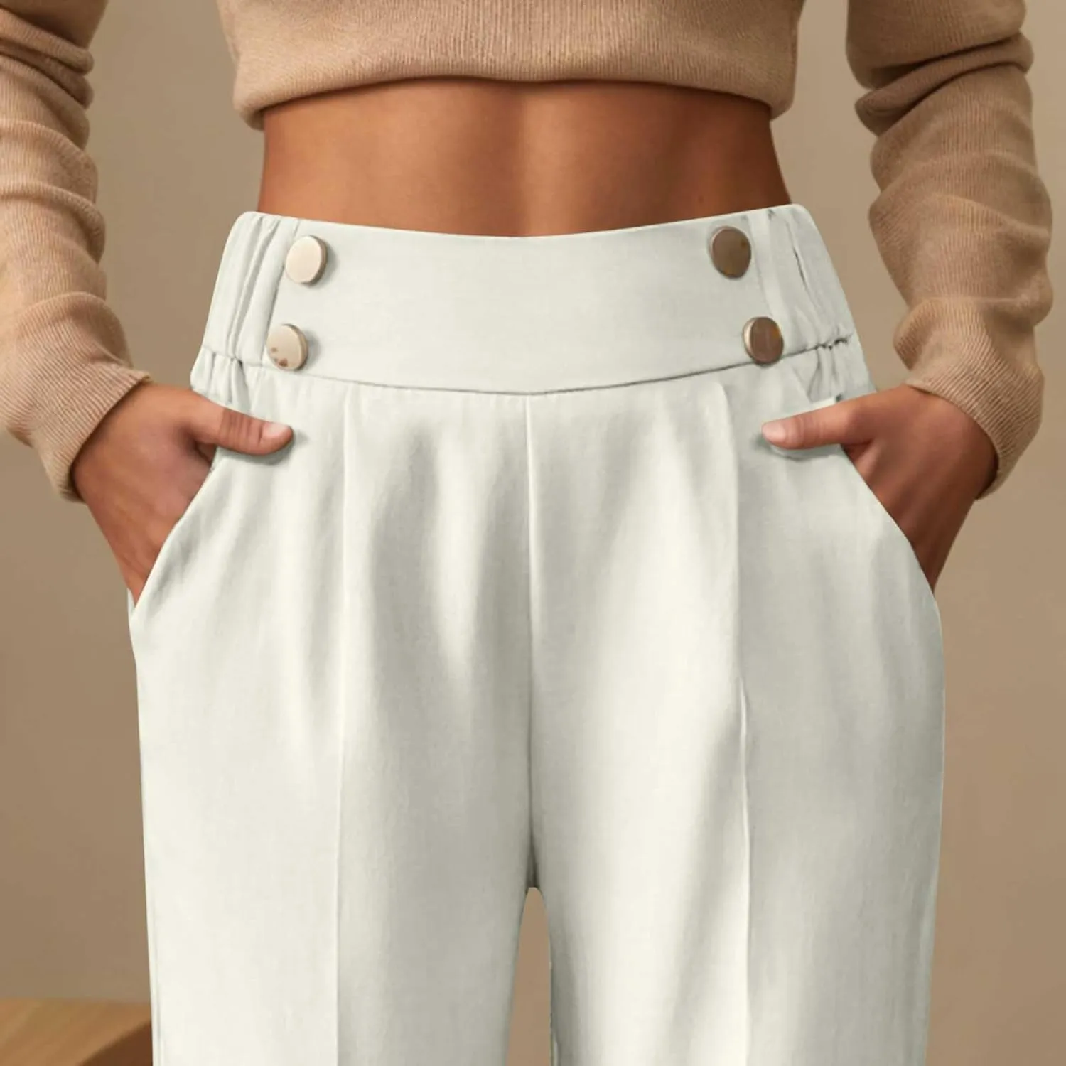 Women's Casual Linen Pants Summer Wide Leg Slacks Straight Leg Work Pants Elastic Waist Button Trousers with Pockets