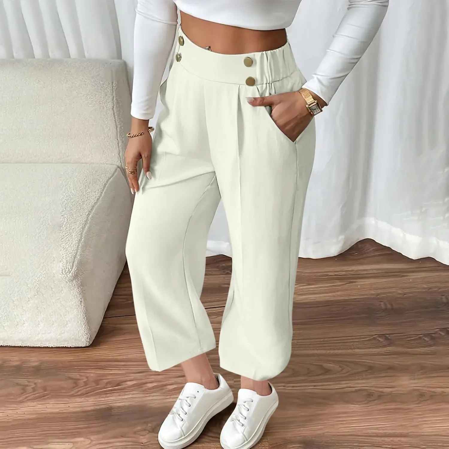 Women's Casual Linen Pants Summer Wide Leg Slacks Straight Leg Work Pants Elastic Waist Button Trousers with Pockets
