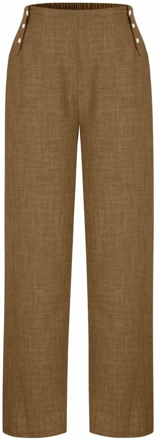 Womens Casual Linen Wide Leg Pants Elastic High Waist Palazzo Trousers Boho Beach Vacation Lounge Slacks with Pocket