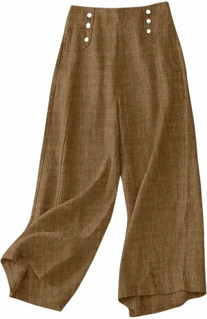 Womens Casual Linen Wide Leg Pants Elastic High Waist Palazzo Trousers Boho Beach Vacation Lounge Slacks with Pocket