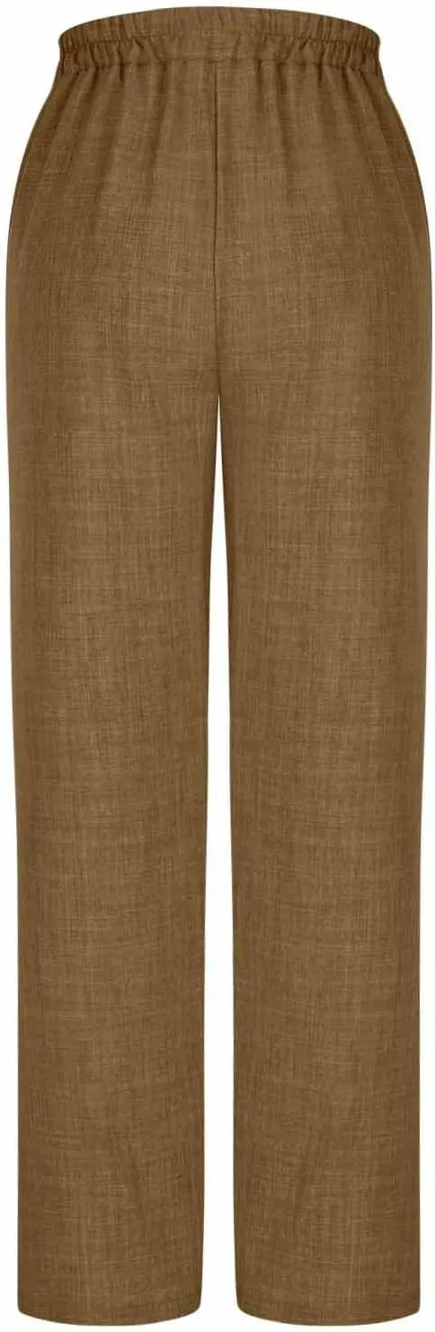 Womens Casual Linen Wide Leg Pants Elastic High Waist Palazzo Trousers Boho Beach Vacation Lounge Slacks with Pocket
