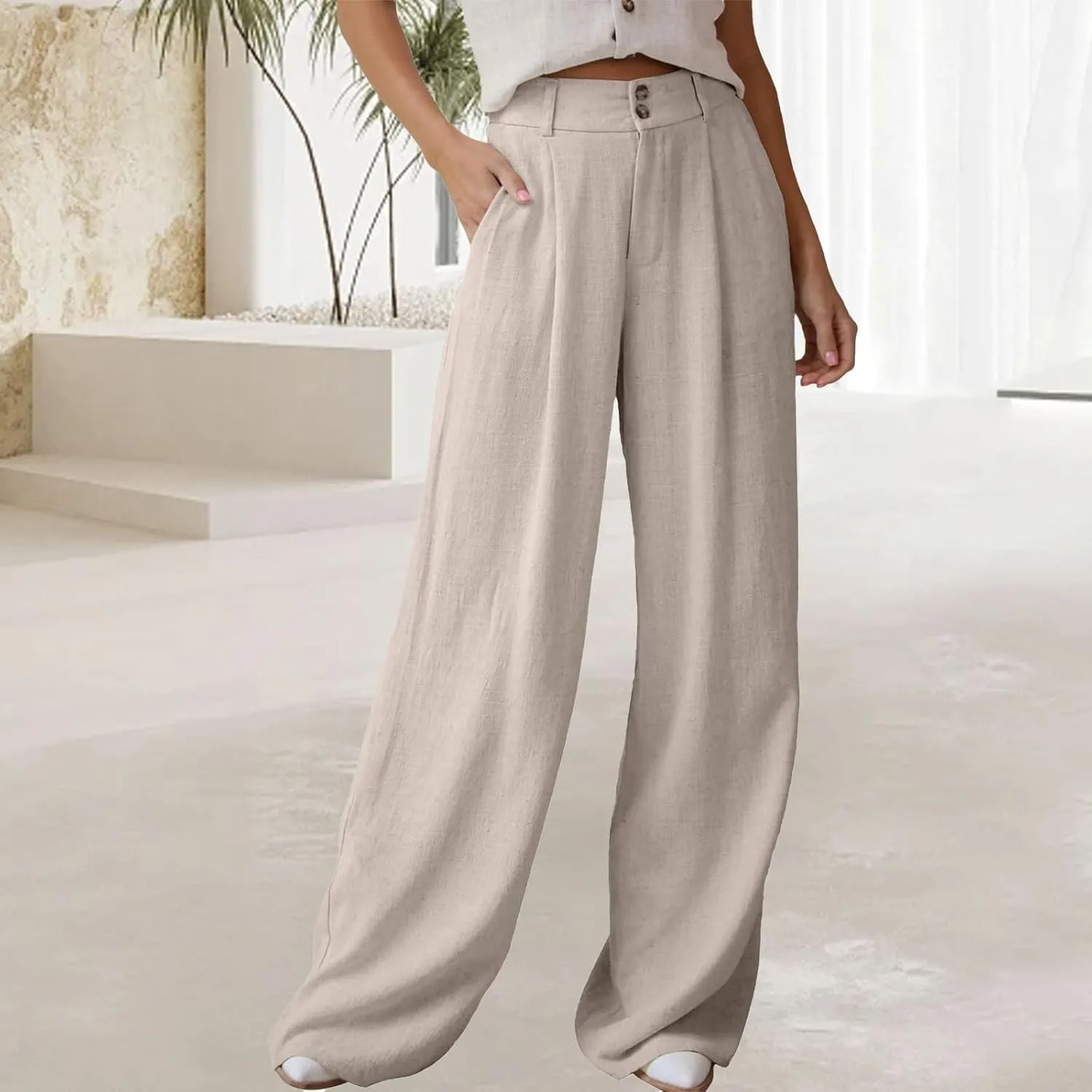 Women's Casual Pants High Waist Front Button Wide Leg Trousers Loose Fit Cool Comfy Summer Palazzo Pants with Pockets