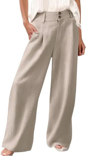 Women's Casual Pants High Waist Front Button Wide Leg Trousers Loose Fit Cool Comfy Summer Palazzo Pants with Pockets