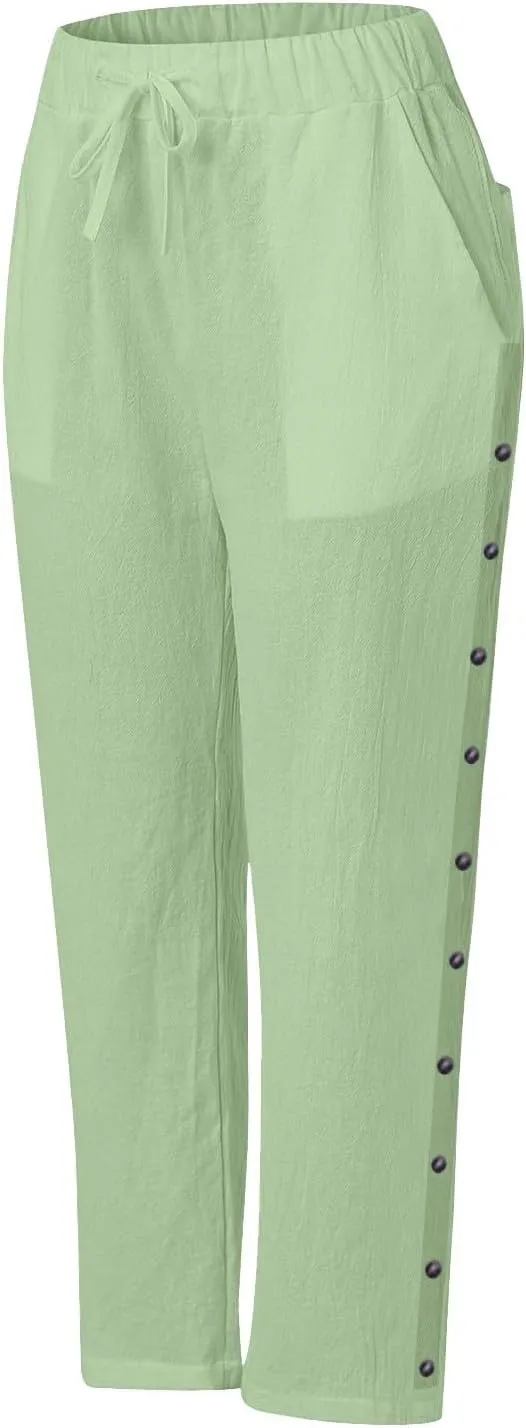 Women's Casual Pants High Waisted Elastic Drawstring Linen Trousers Straight Leg Button Side Loose Summer Pants