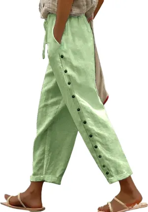 Women's Casual Pants High Waisted Elastic Drawstring Linen Trousers Straight Leg Button Side Loose Summer Pants