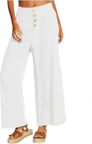 Women's Casual Wide Leg Pants Summer Palazzo Linen High Waist Business Work Trousers Long Lounge Pants