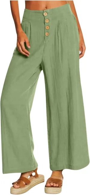 Women's Casual Wide Leg Pants Summer Palazzo Linen High Waist Business Work Trousers Long Lounge Pants