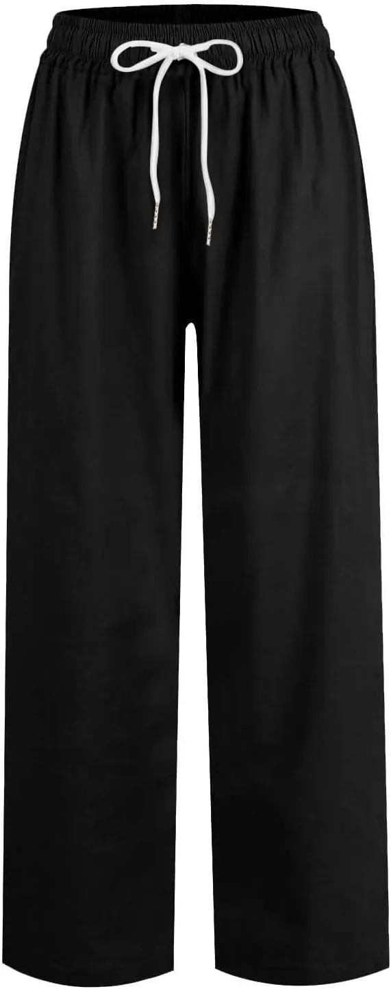 Women's Cotton Linen Baggy Harem Pants Casual Loose Fit High Waisted Beach Drawstring Pants Palazzo Trousers Pockets