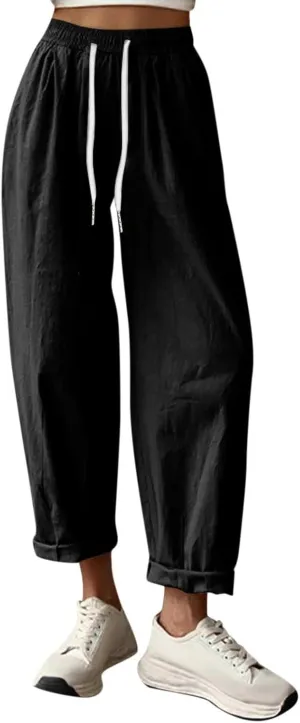 Women's Cotton Linen Baggy Harem Pants Casual Loose Fit High Waisted Beach Drawstring Pants Palazzo Trousers Pockets