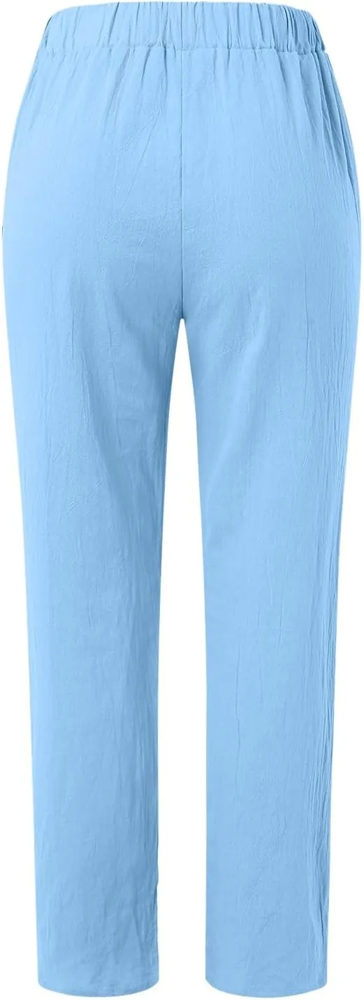 Women's Cotton Linen Capri Pants Casual Summer High Waist Baggy Wide Leg Lounge Trousers with Pockets Plus Size Beach