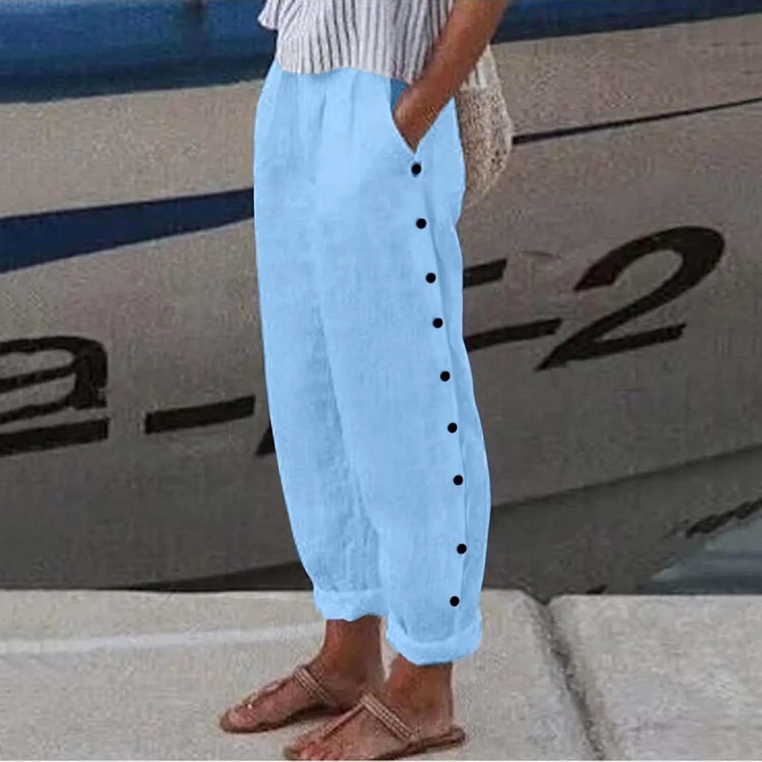 Women's Cotton Linen Capri Pants Casual Summer High Waist Baggy Wide Leg Lounge Trousers with Pockets Plus Size Beach