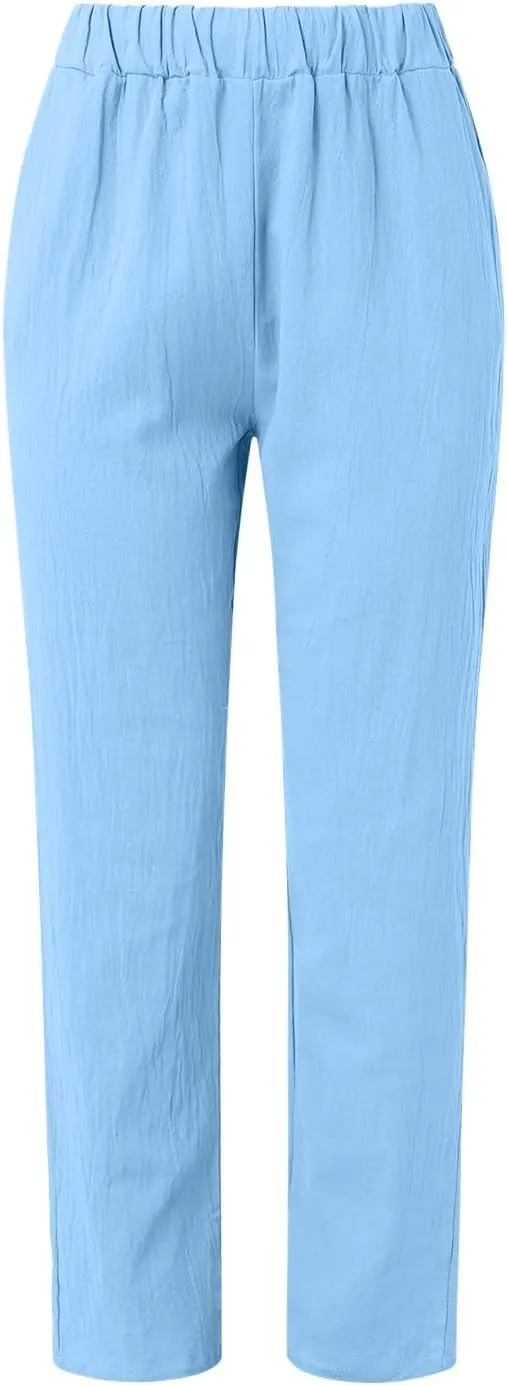 Women's Cotton Linen Capri Pants Casual Summer High Waist Baggy Wide Leg Lounge Trousers with Pockets Plus Size Beach