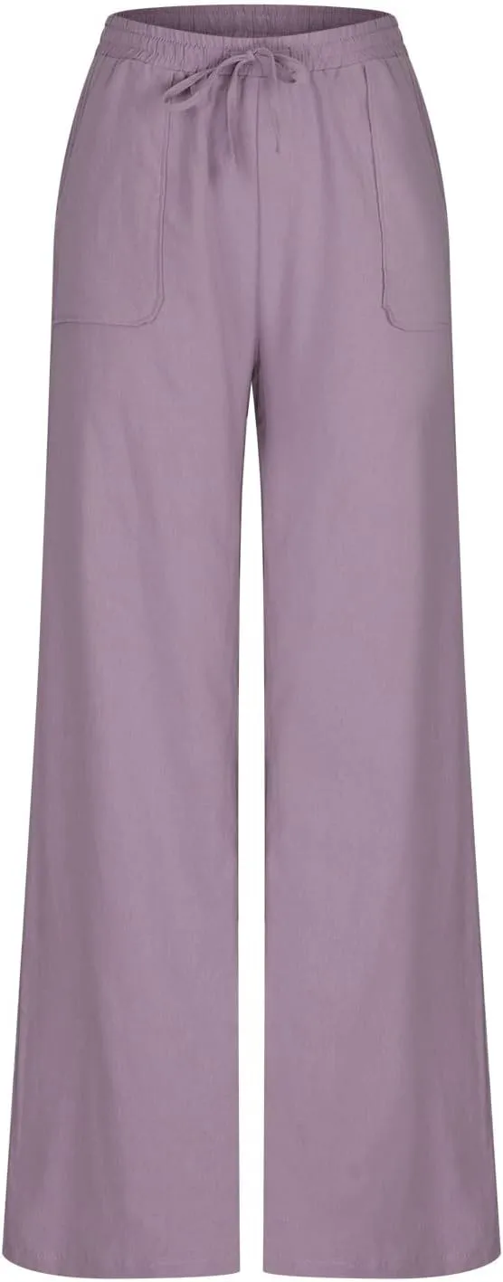 Women's Cotton Linen Drawstring High Waisted Pants Casual Loose Wide Leg Pants Plus Size Summer Trousers with Pockets