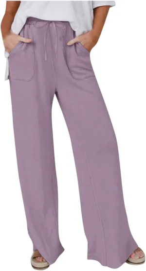 Women's Cotton Linen Drawstring High Waisted Pants Casual Loose Wide Leg Pants Plus Size Summer Trousers with Pockets
