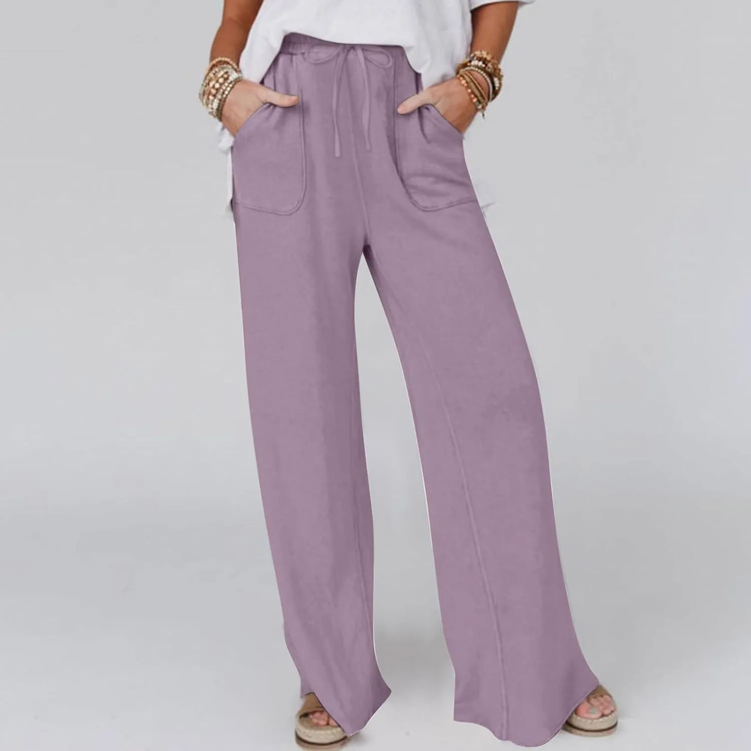 Women's Cotton Linen Drawstring High Waisted Pants Casual Loose Wide Leg Pants Plus Size Summer Trousers with Pockets