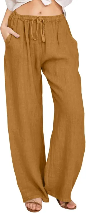 Womens Cotton Linen Palazzo Pants Plus Size Drawstring Elastic Waist Casual Wide Leg Trousers Palazzo Beach Pants