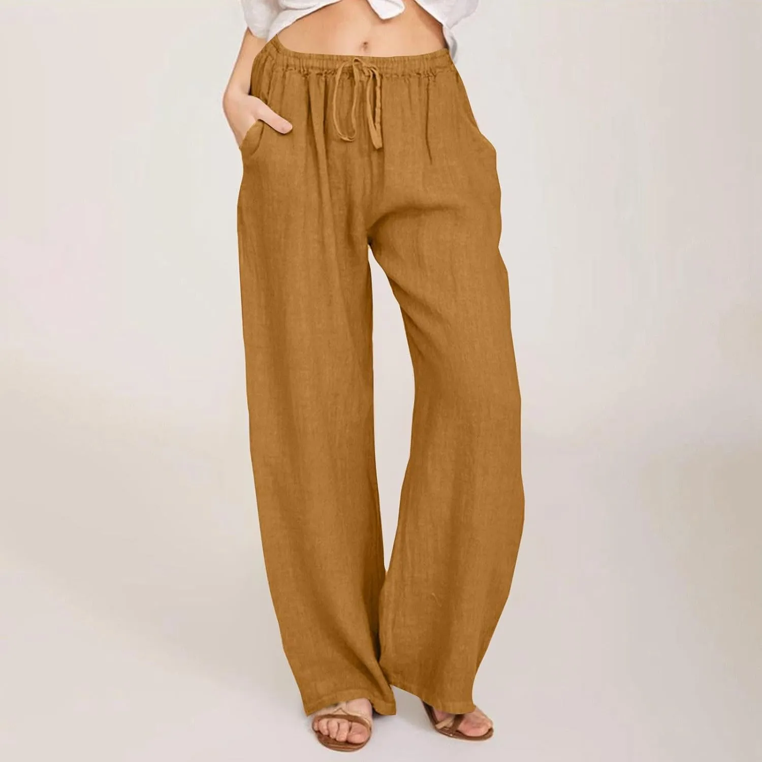 Womens Cotton Linen Palazzo Pants Plus Size Drawstring Elastic Waist Casual Wide Leg Trousers Palazzo Beach Pants