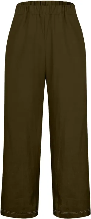 Women's Cotton Linen Pants Casual Boho Elastic Waisted Drawstring Straight Leg Summer Palazzo Beach Baggy Capri Pant