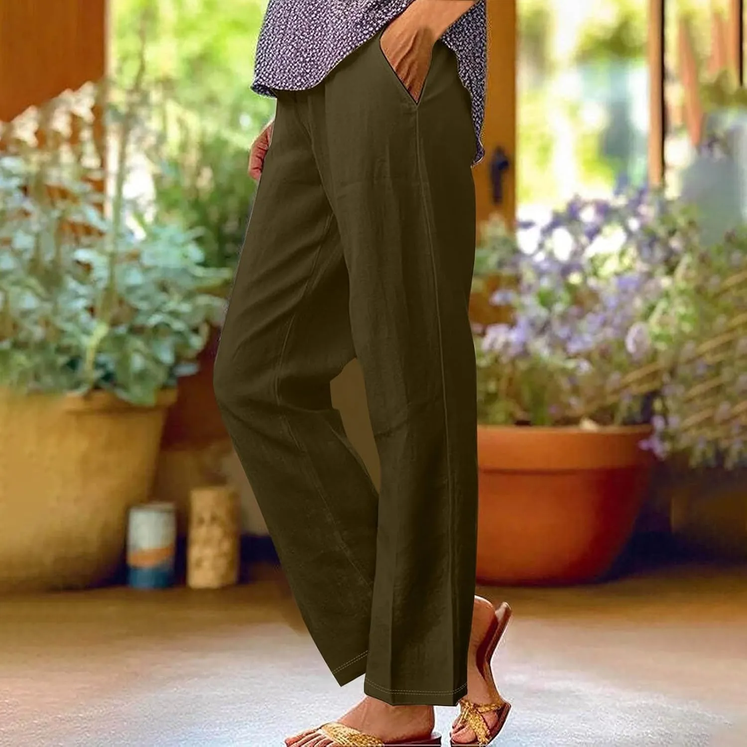 Women's Cotton Linen Pants Casual Boho Elastic Waisted Drawstring Straight Leg Summer Palazzo Beach Baggy Capri Pant