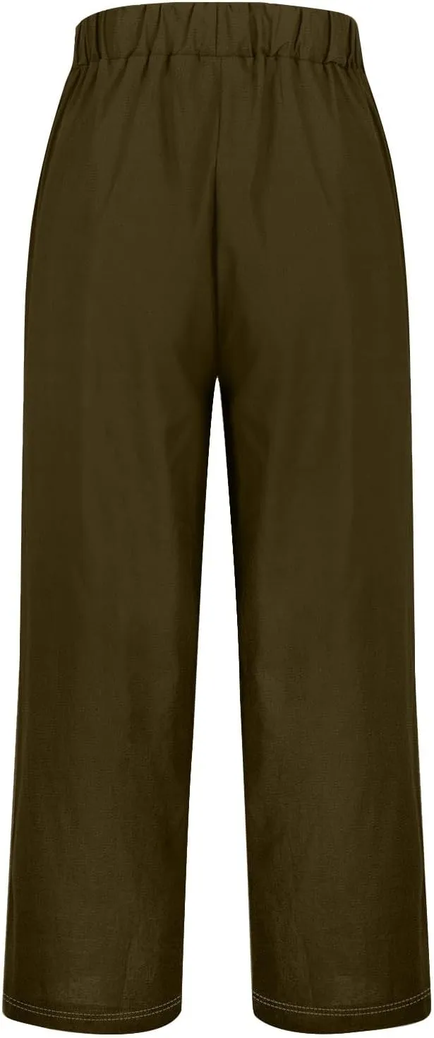 Women's Cotton Linen Pants Casual Boho Elastic Waisted Drawstring Straight Leg Summer Palazzo Beach Baggy Capri Pant