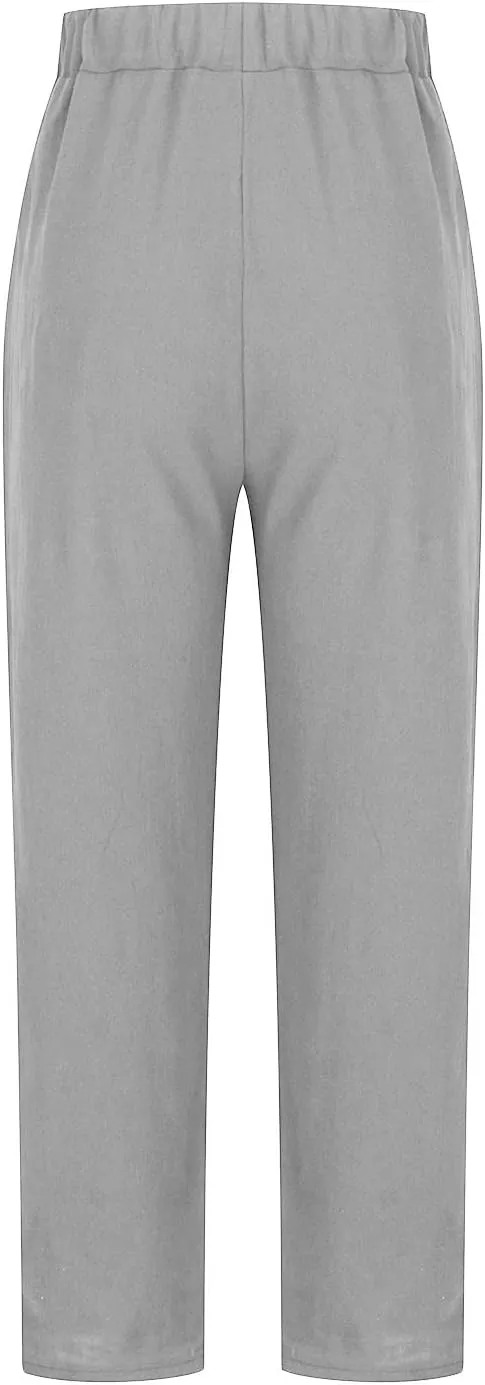 Women's Cotton Linen Pants Casual Summer Capris Elastic Waist Straight Wide Leg Loose Cropped Trousers with Pockets