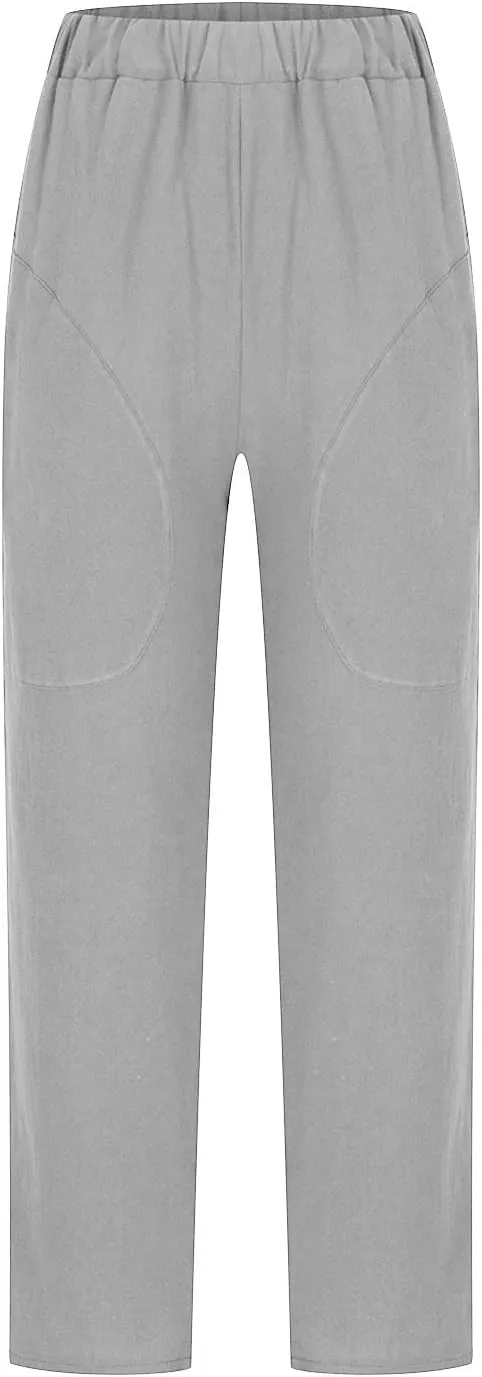 Women's Cotton Linen Pants Casual Summer Capris Elastic Waist Straight Wide Leg Loose Cropped Trousers with Pockets
