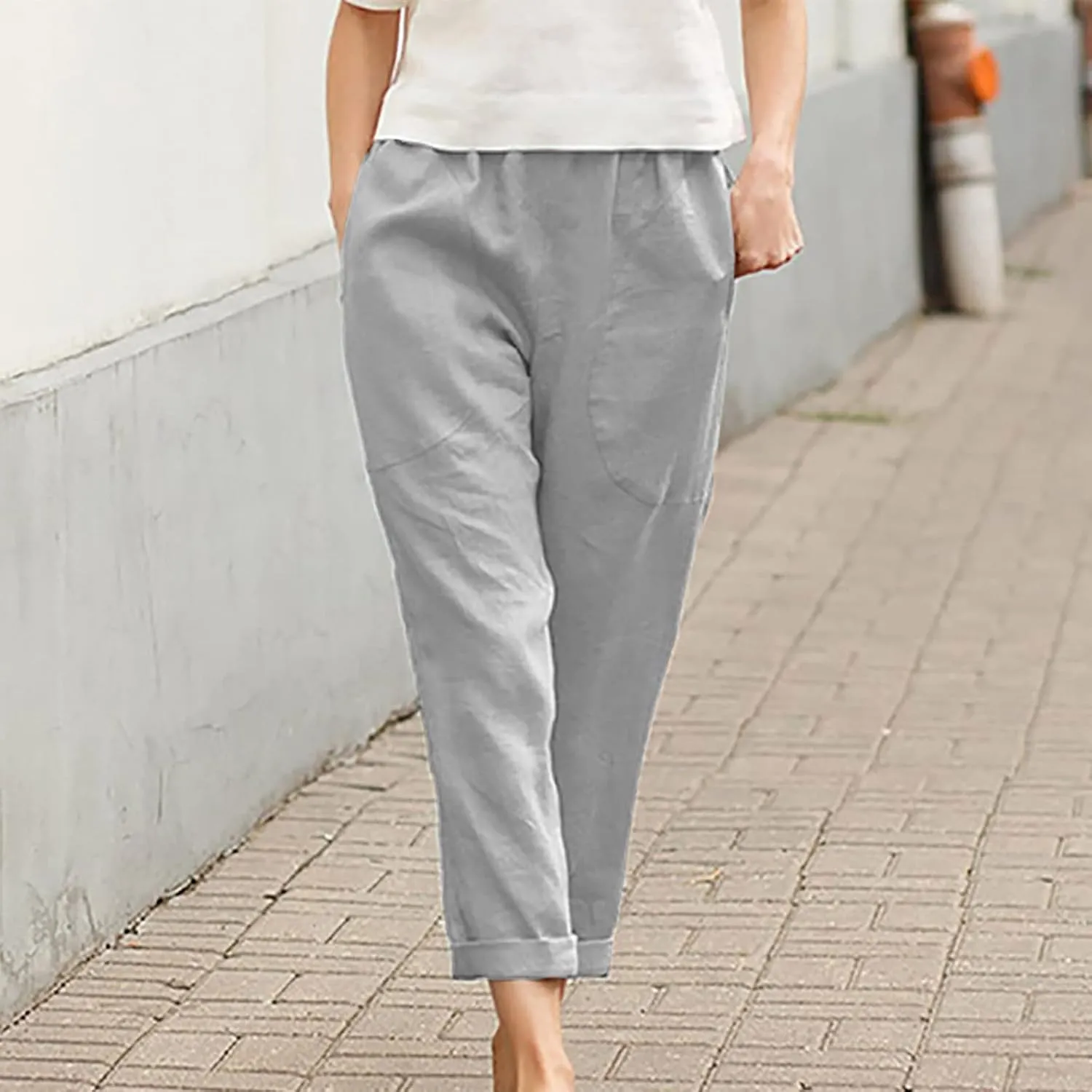 Women's Cotton Linen Pants Casual Summer Capris Elastic Waist Straight Wide Leg Loose Cropped Trousers with Pockets